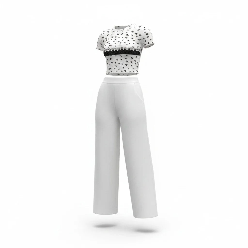 Elegant Ivory Lounge Set with Printed Crop Top