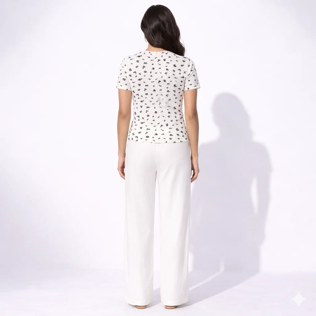 Elegant Ivory Lounge Set with Printed Crop Top
