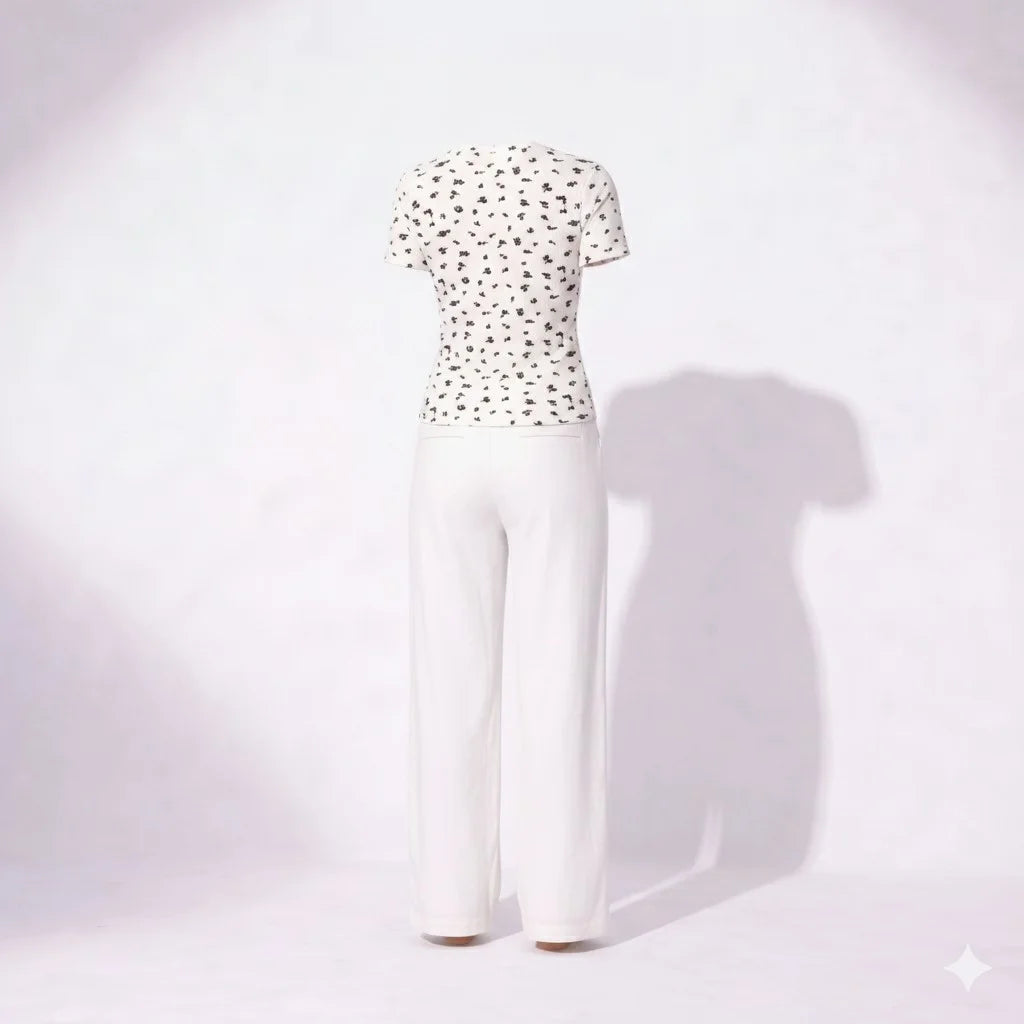 Elegant Ivory Lounge Set with Printed Crop Top