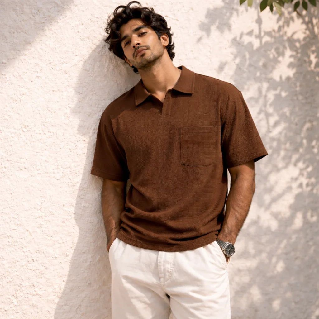 MochaHaven Textured Pocket Polo